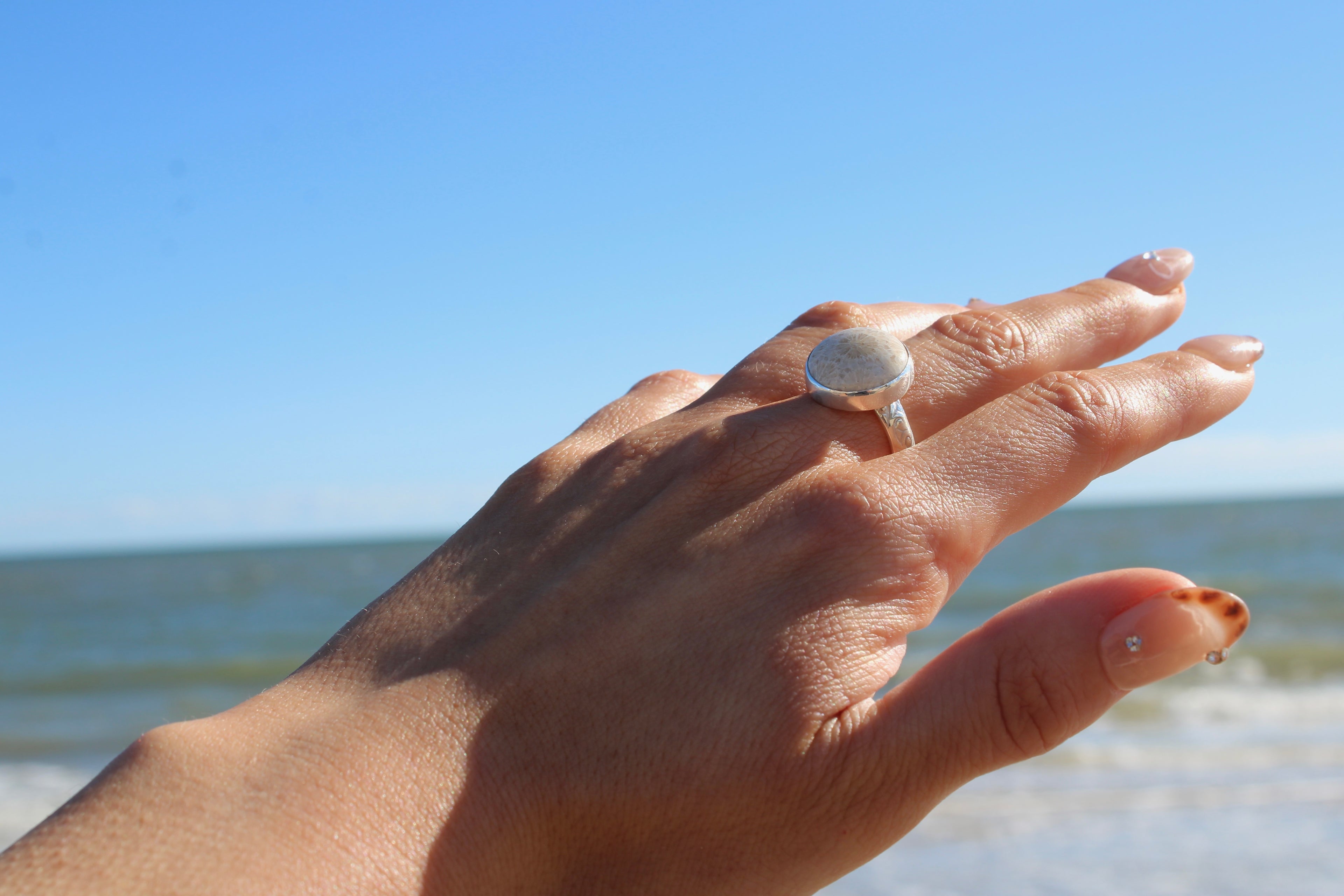 Adjustable Fossil Coral Detailed Ring