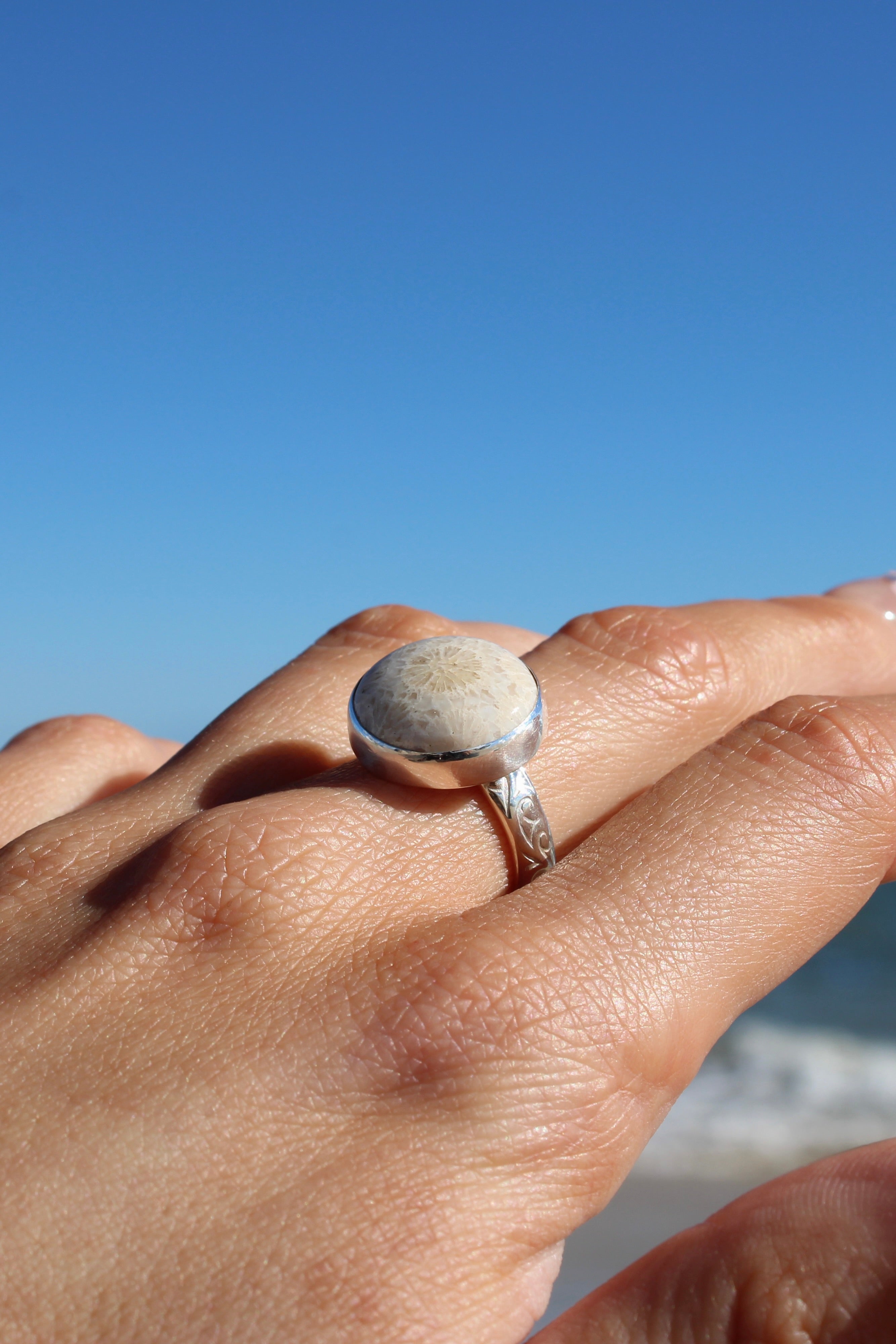 Adjustable Fossil Coral Detailed Ring